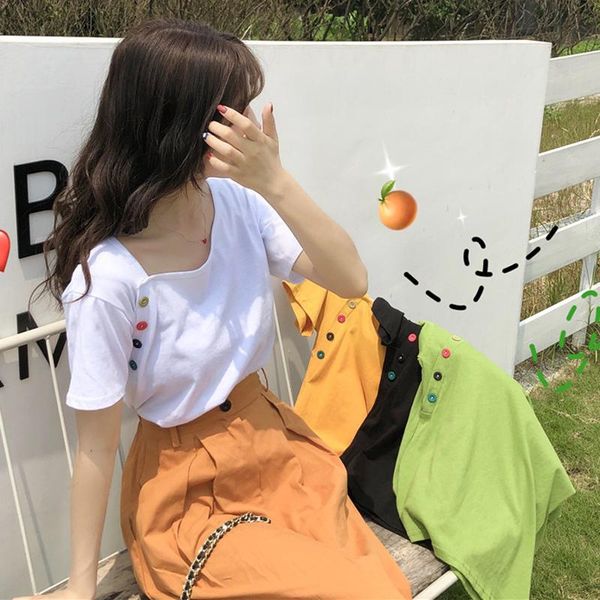 women's t-shirt trend temperament casual o-neck white button korean summer style ladies clothing fashion brand 
women's t-shirt trend temperament casual o-neck white button korean summer style ladies clothing fashion brand