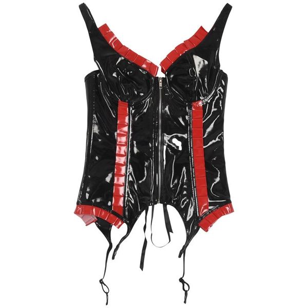 women's shapers black red ruffles pvc latex corset panty thong set xl, Black;white