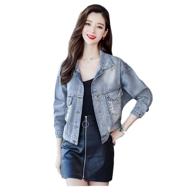 women's jackets denim jacket female short 2021 spring korean style fashion diamond hole women clothing tide jeans shirt coat f768, Black;brown
women's jackets denim jacket female short 2021 spring korean style fashion diamond hole women clothing tide jeans shirt coat f768, Black;brown