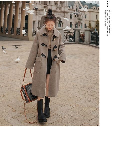 women's wool & blends 2021 fashion horn button woolen jacket coat vintage long sleeve female outerwear chic overcoat, Black
women's wool & blends 2021 fashion horn button woolen jacket coat vintage long sleeve female outerwear chic overcoat, Black