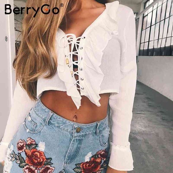 berrygo ruffles lace up chiffon blouse shirt women v neck flare sleeve tassel crop tees summer beach short blusas 210513, White
berrygo ruffles lace up chiffon blouse shirt women v neck flare sleeve tassel crop tees summer beach short blusas 210513, White