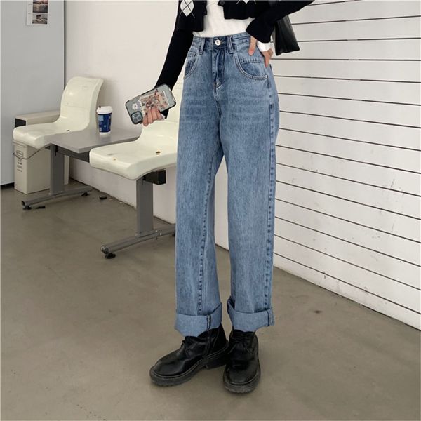 jeans korean streetwear casual female straight 2021 plus size denim loose wild high waist elastic all game pants, Blue
jeans korean streetwear casual female straight 2021 plus size denim loose wild high waist elastic all game pants, Blue