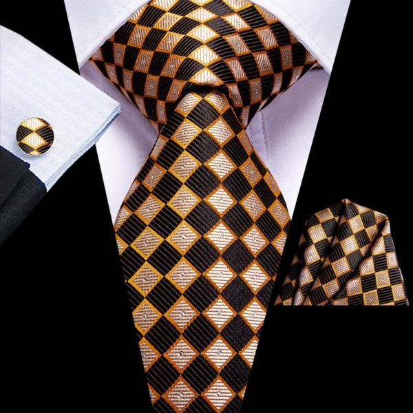 bow ties hi-tie brown gold plaid silk wedding tie for men handky cufflink fashion design necktie business party dropshiping, Black;gray 
bow ties hi-tie brown gold plaid silk wedding tie for men handky cufflink fashion design necktie business party dropshiping, Black;gray