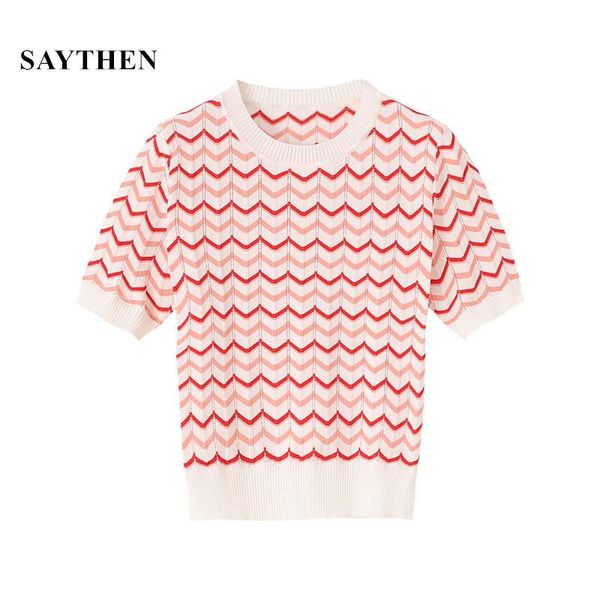 women's t-shirt saythen 2021 summer women fashion patchwork sweet thin short stripe brand ladies o-neck tees, White
women's t-shirt saythen 2021 summer women fashion patchwork sweet thin short stripe brand ladies o-neck tees, White
