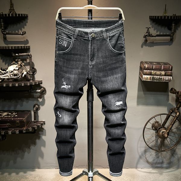 stretch slim-fit small straight jeans fashion trendy black autumn and winter youth mid-rise casual ripped men's trousers, Blue
stretch slim-fit small straight jeans fashion trendy black autumn and winter youth mid-rise casual ripped men's trousers, Blue