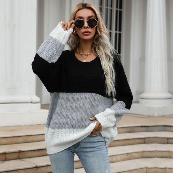 women's sweaters 2021 autumn winter sweater mid-length loose color matching round neck pullover women knitted woman clothing, White;black
women's sweaters 2021 autumn winter sweater mid-length loose color matching round neck pullover women knitted woman clothing, White;black