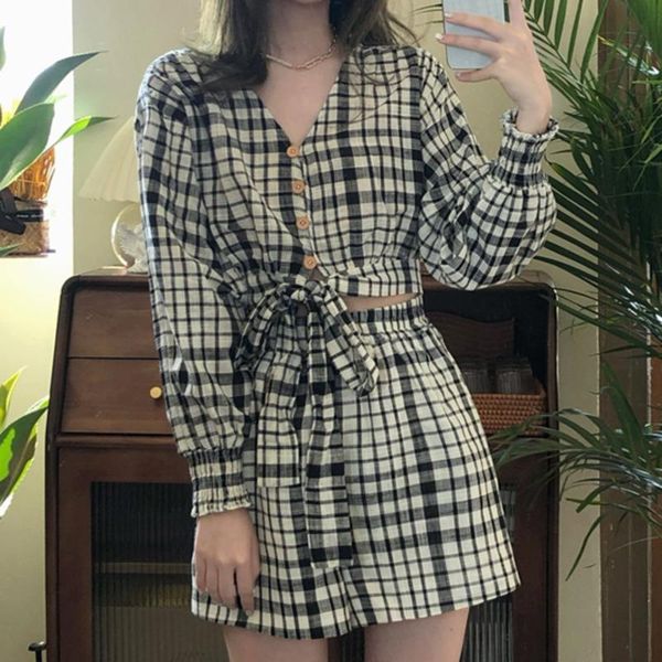 women's tracksuits early autumn vintage slim fashion two piece set women plaid bandage crop + high waist shorts suit ropa mujer verano, Gray
women's tracksuits early autumn vintage slim fashion two piece set women plaid bandage crop + high waist shorts suit ropa mujer verano, Gray