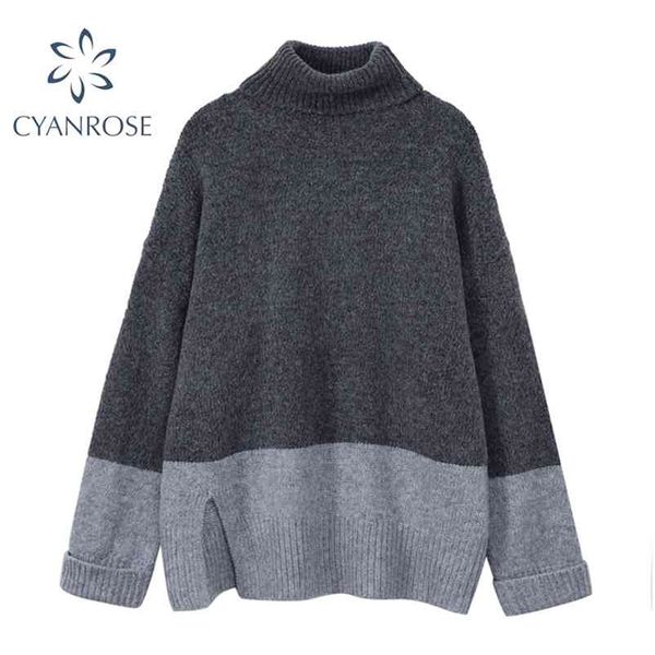 contrast color sweater spring turtleneck women knitted long sleeve oversized hem split retro leisure korean knitwear 210430, White;black
contrast color sweater spring turtleneck women knitted long sleeve oversized hem split retro leisure korean knitwear 210430, White;black