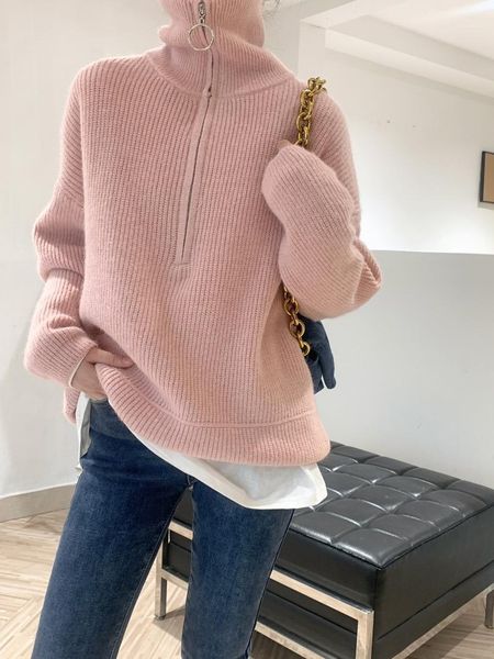 women's sweaters lmq 2021 women chic zip turtleneck loose warm fall winter fashion all-match solid color simple knitted pullovers, White;black
women's sweaters lmq 2021 women chic zip turtleneck loose warm fall winter fashion all-match solid color simple knitted pullovers, White;black