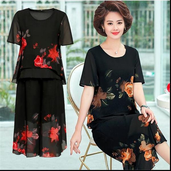 sets 2 pieces chiffon women tracksuits set summer middle aged mother loose printed blouse t shirts pants printing clothing, Gray
sets 2 pieces chiffon women tracksuits set summer middle aged mother loose printed blouse t shirts pants printing clothing, Gray