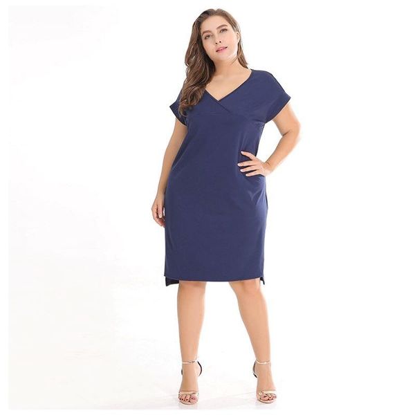plus size dresses women's summer v-neck short sleeve fashion casual dress pure color knee-length skirt, Black 
plus size dresses women's summer v-neck short sleeve fashion casual dress pure color knee-length skirt, Black