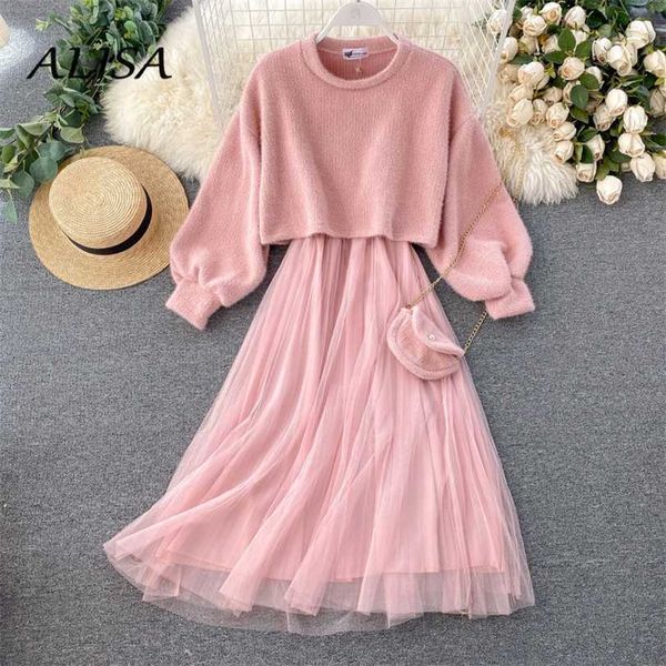women korean dress spring autumn sweet lantern sleeved sweater and mesh dresses ladies fashion knitted long robe 211220, Black;gray
women korean dress spring autumn sweet lantern sleeved sweater and mesh dresses ladies fashion knitted long robe 211220, Black;gray