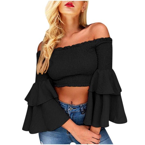 off shoulder women blouse trumpet sleeve ladies shirt for spring autumn female fashion elegant ropa mujer women's blouses & shirts, White 
off shoulder women blouse trumpet sleeve ladies shirt for spring autumn female fashion elegant ropa mujer women's blouses & shirts, White