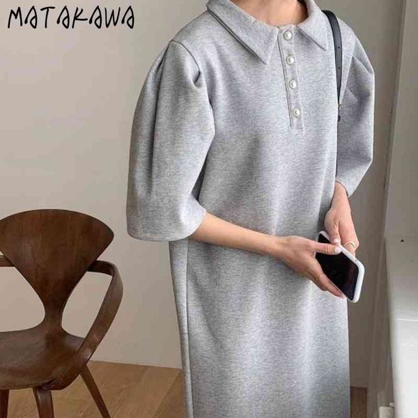 matakawa straight mid-calf dress for women korean summer solid robe femme puff sleeve dresses vintage elegant lapel vestidos 210513, Black;gray
matakawa straight mid-calf dress for women korean summer solid robe femme puff sleeve dresses vintage elegant lapel vestidos 210513, Black;gray