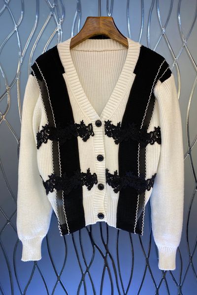 contrast color water soluble lace stitching loose knitted cardigan womens autumn new european and american temperament 9f, Black
contrast color water soluble lace stitching loose knitted cardigan womens autumn new european and american temperament 9f, Black