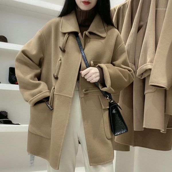 women's wool & blends autumn winter wear medium and long woolen coat horn buckle solid color, Black
women's wool & blends autumn winter wear medium and long woolen coat horn buckle solid color, Black