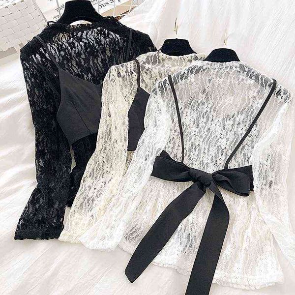 & shirts korean hollow out crochet stand collar long sleeve lace shirt + sleeveless lace-up bow vest two-piece set women's blouses, White
& shirts korean hollow out crochet stand collar long sleeve lace shirt + sleeveless lace-up bow vest two-piece set women's blouses, White