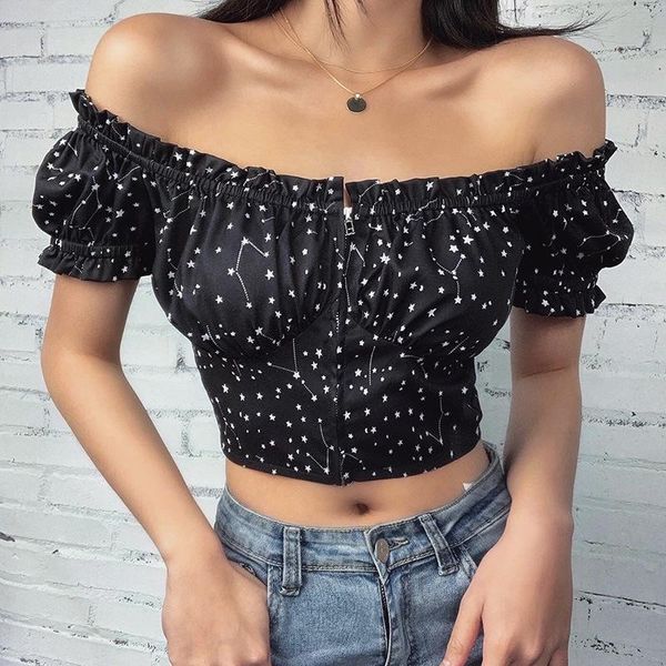 women's blouses & shirts 2021 summer slash neck crop women casual zipper star print bodycon ladies short sleeve t shirt, White
women's blouses & shirts 2021 summer slash neck crop women casual zipper star print bodycon ladies short sleeve t shirt, White
