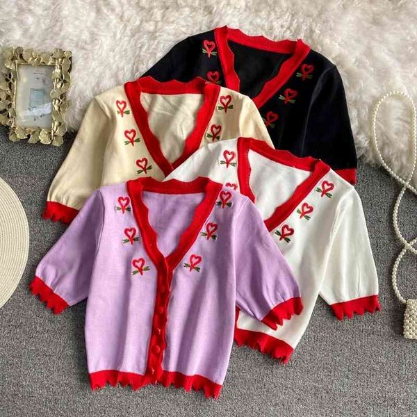 women's sweaters short contrast embroidered ice silk short-sleeved sweater women cardigans summer vintage v-neck with oversize, White;black
women's sweaters short contrast embroidered ice silk short-sleeved sweater women cardigans summer vintage v-neck with oversize, White;black