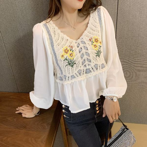 women's t-shirt 2021 summer bubble long sleeve chiffon embroidered french clavicle shirt hong kong flavor top, White
women's t-shirt 2021 summer bubble long sleeve chiffon embroidered french clavicle shirt hong kong flavor top, White
