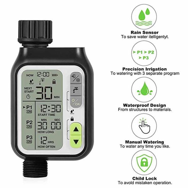 watering equipments rainwater sensor function child lock mode digital water timer ip65 waterproof for garden lawn system irrigation
watering equipments rainwater sensor function child lock mode digital water timer ip65 waterproof for garden lawn system irrigation