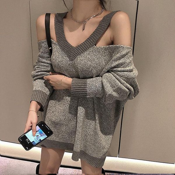 women's sweaters women deep v neck off shoulder split loose knit lady vingtage pullover gary autumn korean fashion jumpers, White;black
women's sweaters women deep v neck off shoulder split loose knit lady vingtage pullover gary autumn korean fashion jumpers, White;black
