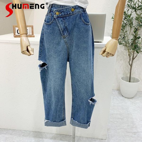 women's jeans 2021 summer retro tattered high waist denim pants loose distressed asymmetric straight-leg female, Blue
women's jeans 2021 summer retro tattered high waist denim pants loose distressed asymmetric straight-leg female, Blue