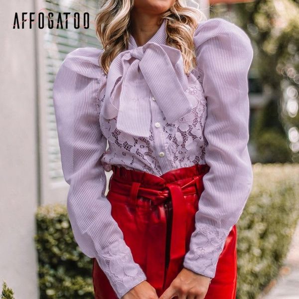 women's blouses & shirts affogatoo casual bow tie lace women blouse shirt bubble sleeve hollow out flower female stripe splicing ladies, White
women's blouses & shirts affogatoo casual bow tie lace women blouse shirt bubble sleeve hollow out flower female stripe splicing ladies, White