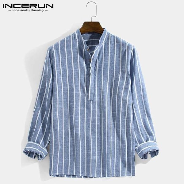 men's casual shirts 2021 all-match long-sleeved shirt cotton linen striped stand-neck half-open tube camisa s-3xl incerun, White;black
men's casual shirts 2021 all-match long-sleeved shirt cotton linen striped stand-neck half-open tube camisa s-3xl incerun, White;black