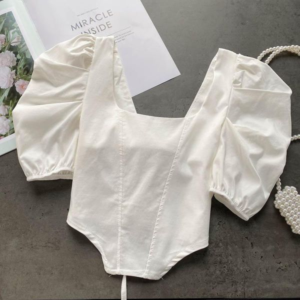 women's t-shirt girl lady crop women bandage lace up puff sleeve square collar, White
women's t-shirt girl lady crop women bandage lace up puff sleeve square collar, White