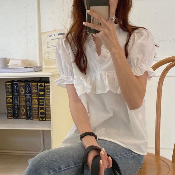 blouses ruffles all match brief solid chic fashion women streetwear short sleeves summer loose sweet v-neck blouses, White 
blouses ruffles all match brief solid chic fashion women streetwear short sleeves summer loose sweet v-neck blouses, White