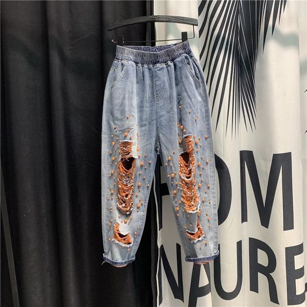 women's jeans loose high waist 2021 summer ripped holes beaded harem pants fashion elastic denim students, Blue
women's jeans loose high waist 2021 summer ripped holes beaded harem pants fashion elastic denim students, Blue