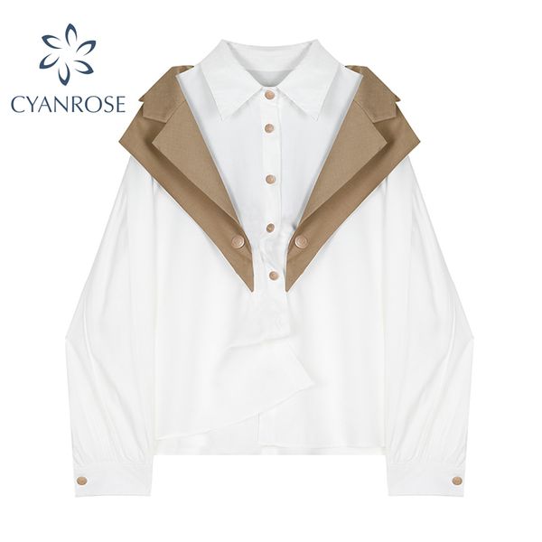 spring blouse women patchwork long sleeve streetwear single breasted oversized fashion korean clothing shirt female 210417, White 
spring blouse women patchwork long sleeve streetwear single breasted oversized fashion korean clothing shirt female 210417, White
