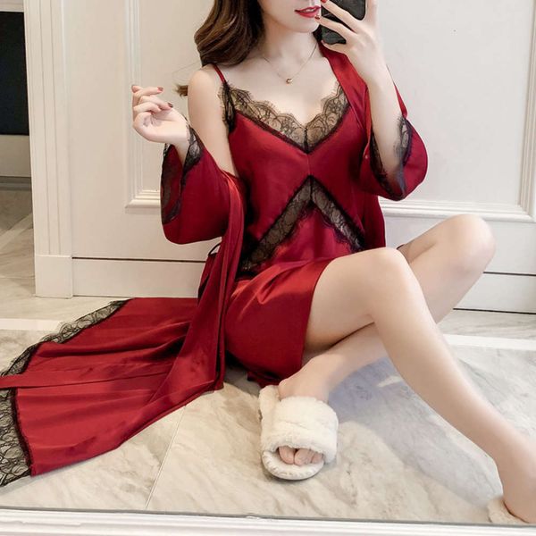 women's sleepwear camisola de dormir feminino lace side robe suit long-sleeved home service pajamas nightdress leisure 5q17, Black;red
women's sleepwear camisola de dormir feminino lace side robe suit long-sleeved home service pajamas nightdress leisure 5q17, Black;red