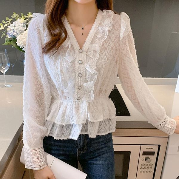 women's blouses & shirts 2021 autumn v-neck solid fashion women ruffle lace long-sleeve stitching elegant wild 16666, White
women's blouses & shirts 2021 autumn v-neck solid fashion women ruffle lace long-sleeve stitching elegant wild 16666, White