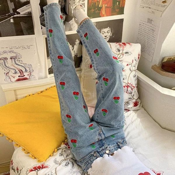 women high waisted pencil jeans, cute cherry embroidery denim pants slim trousers, streetwear with pockets m06 21 drop women's jeans, Blue
women high waisted pencil jeans, cute cherry embroidery denim pants slim trousers, streetwear with pockets m06 21 drop women's jeans, Blue