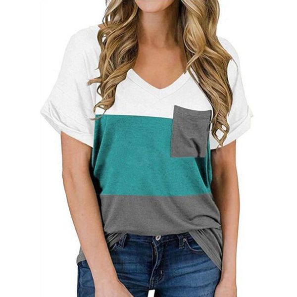 45#summer clothes women's t-shirt multicolor stitching printed v-neck pocket short-sleeved casual camisetas de mujer, White
45#summer clothes women's t-shirt multicolor stitching printed v-neck pocket short-sleeved casual camisetas de mujer, White