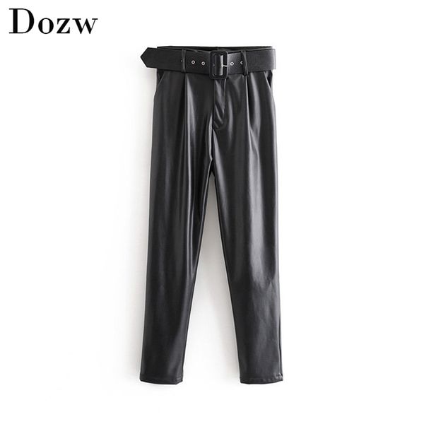 women chic black pu faux leather pants fashion high waist pockets ladies office trousers with belt casual pleated bottoms 210515, Black;white
women chic black pu faux leather pants fashion high waist pockets ladies office trousers with belt casual pleated bottoms 210515, Black;white