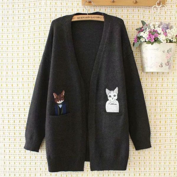 women's knits & tees plus size cardigans for women 2021 autumn kawaii cat embroidery oversize sweater blue black loose clothing, White
women's knits & tees plus size cardigans for women 2021 autumn kawaii cat embroidery oversize sweater blue black loose clothing, White