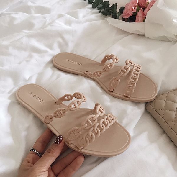sandals famous designer plastic chains slippers women flat heel three band jelly sandals casual style beach flip flops ladies slid, Black 
sandals famous designer plastic chains slippers women flat heel three band jelly sandals casual style beach flip flops ladies slid, Black