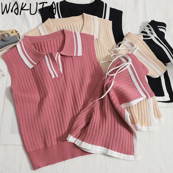 women's tracksuits wakuta casual knitted contrast color shorts 2 piece set sleeveless turn down neck high waist suits knitwear 2021, Gray
women's tracksuits wakuta casual knitted contrast color shorts 2 piece set sleeveless turn down neck high waist suits knitwear 2021, Gray