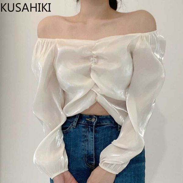 chiffon pleated slash neck strapless women puff sleeve elegant korean blouse solid blusas shirt 6g294 210603, White 
chiffon pleated slash neck strapless women puff sleeve elegant korean blouse solid blusas shirt 6g294 210603, White