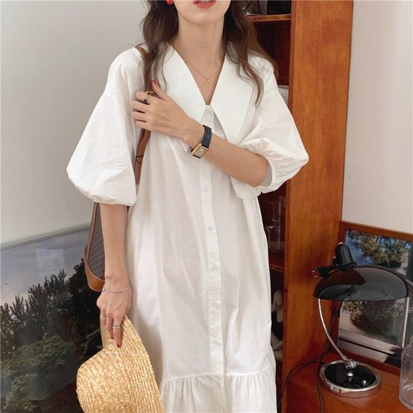 party dresses 2021 summer women midi dress pure color puff sleeves chic single-breasted ruffle oversize korean style elegant robe, White;black
party dresses 2021 summer women midi dress pure color puff sleeves chic single-breasted ruffle oversize korean style elegant robe, White;black