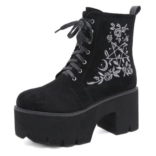 boots gothic style elegant fashion side zipper short flower embroidery platform thick bottom front lace up 328-6, Black
boots gothic style elegant fashion side zipper short flower embroidery platform thick bottom front lace up 328-6, Black