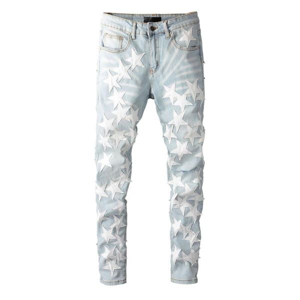 men's jeans high street summer trousers light color knife cut holes male stars patches skin slim denim pants 690, Blue
men's jeans high street summer trousers light color knife cut holes male stars patches skin slim denim pants 690, Blue