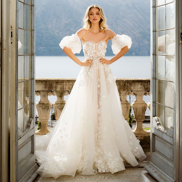 berta beaded wedding dresses sweetheart neck bridal gowns with detachable sleeves 3d appliqued beach a line sweep train tulle vestido de nov, White
berta beaded wedding dresses sweetheart neck bridal gowns with detachable sleeves 3d appliqued beach a line sweep train tulle vestido de nov, White