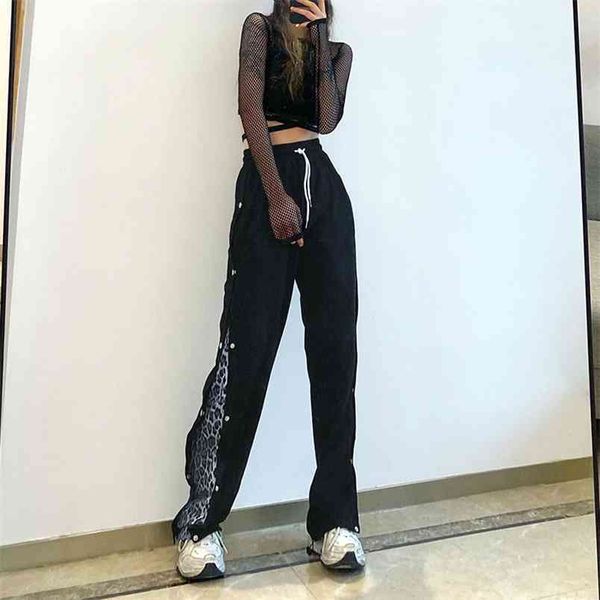women straight pants loose high waist drawstring leopard print patchwork button fashion trousers 210522, Black;white
women straight pants loose high waist drawstring leopard print patchwork button fashion trousers 210522, Black;white