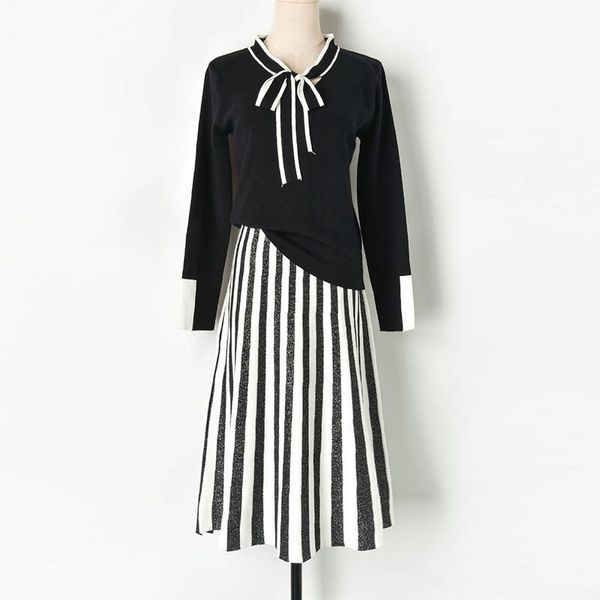 two piece dress women lace up bow knitted sweater stripe skirt suit long sleeve high waist skirts set outfits, White
two piece dress women lace up bow knitted sweater stripe skirt suit long sleeve high waist skirts set outfits, White