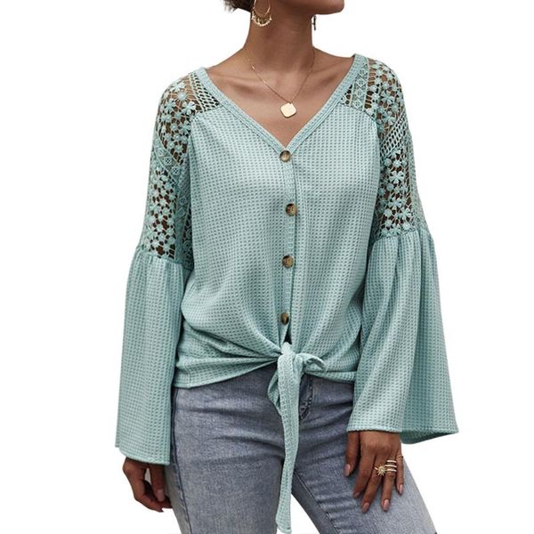 women lace patchwork knitwear, solid color flare sleeve v-neck single-breasted cardigan women's blouses & shirts, White
women lace patchwork knitwear, solid color flare sleeve v-neck single-breasted cardigan women's blouses & shirts, White