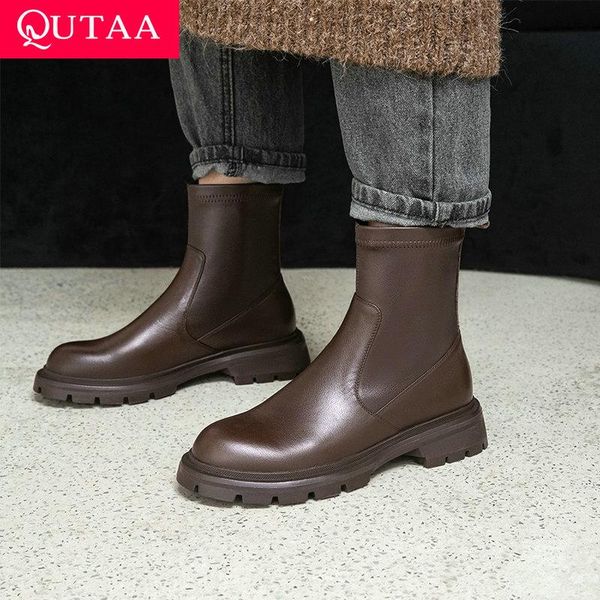 boots qutaa 2022 genuine leather autumn winter women shoes round toe square med heel stretch ankle short size 34-39, Black
boots qutaa 2022 genuine leather autumn winter women shoes round toe square med heel stretch ankle short size 34-39, Black
